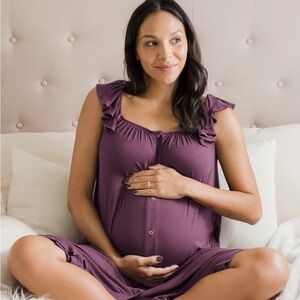 Kindred Bravely Purple Sleeveless Nursing Nightgown with Ruffle Straps